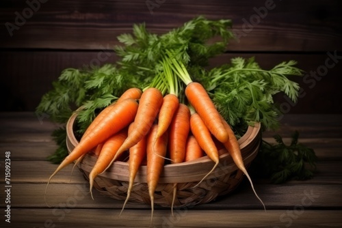  a basket filled with lots of carrots on top of a wooden table next to a bunch of parsley.