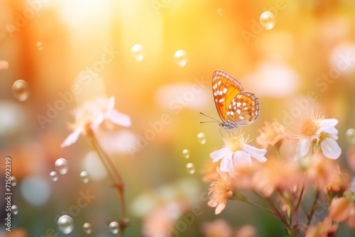  a close up of a butterfly on a flower with bubbles of water on the top of the flower and a blurry background. © Nadia