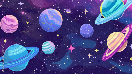 Doodles of space including planets  stars and other celestial bodies.