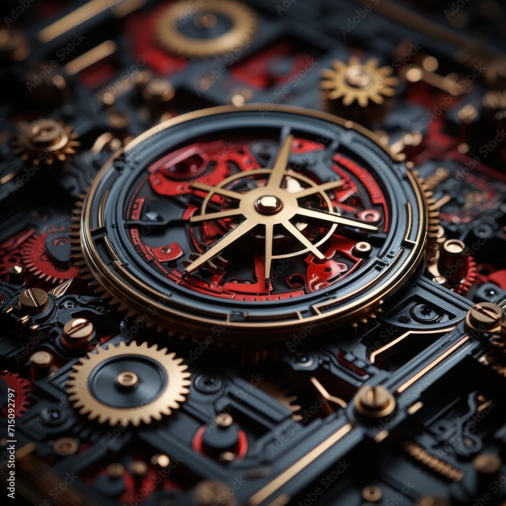 a close up of a clock with gears on it's face and a red light in the middle of the clock.