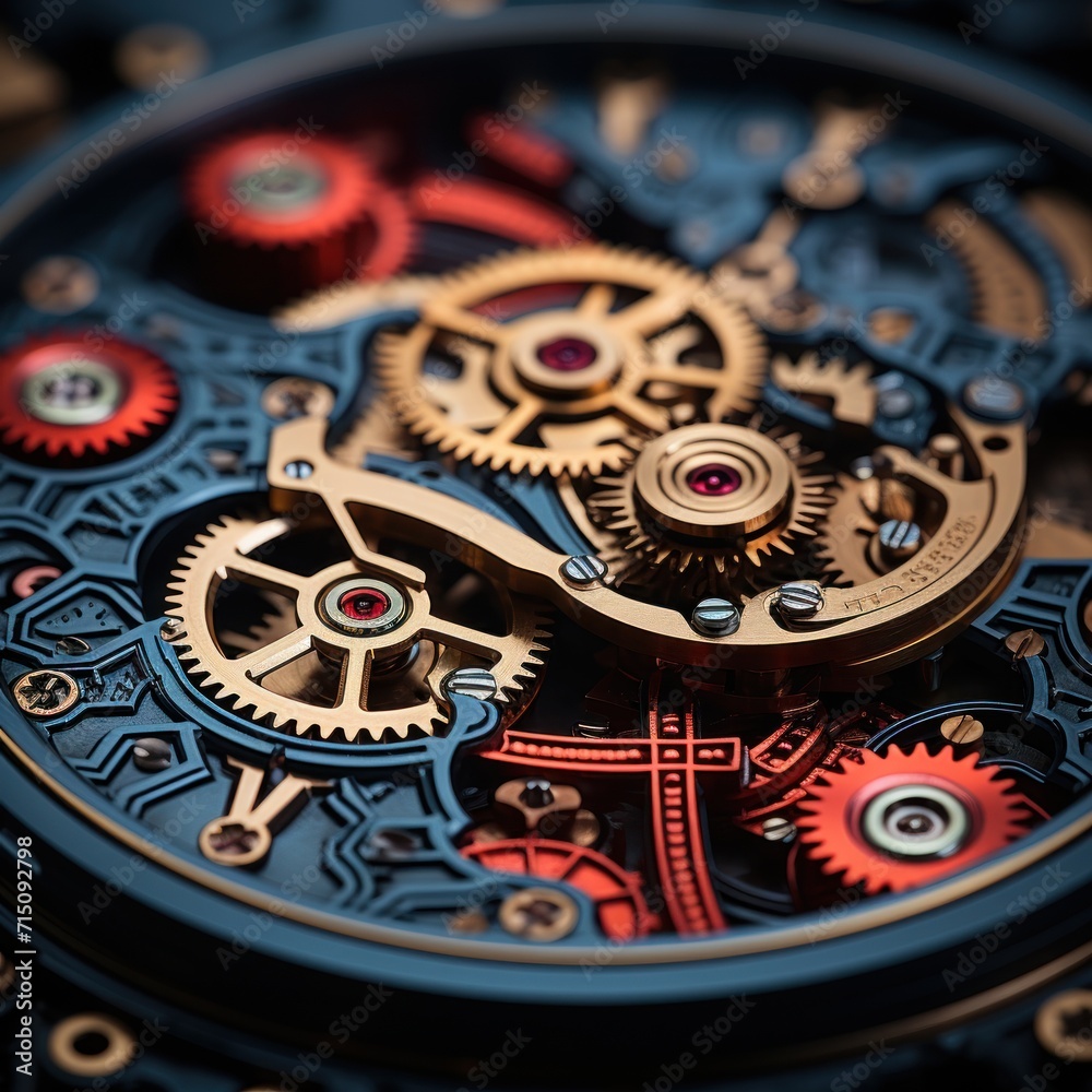  a close up of a watch face with a red and blue clock face on the side of the watch face.