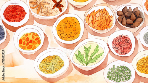 Hypnotic pattern of vibrant spices at Indian market cartoon drawing, AI Generated
