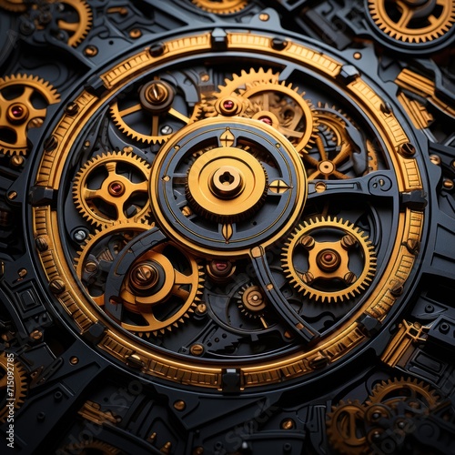  a close up of a gold and black clock with gears on it's face and a second part of the clock in the middle of the clock.