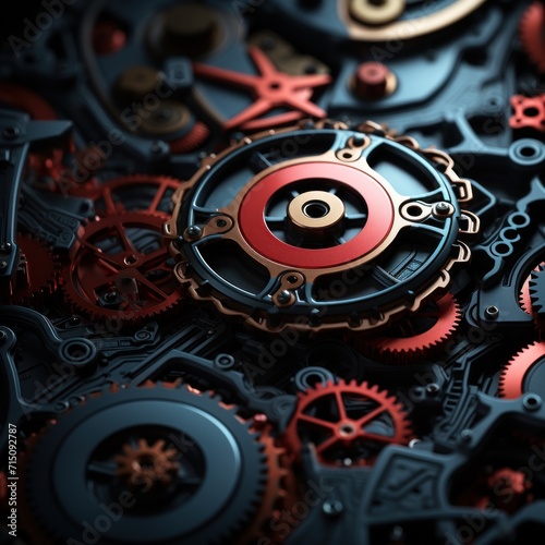  a close up of a bunch of gears with a red center on the center of the gear and a black center on the center of the gear.