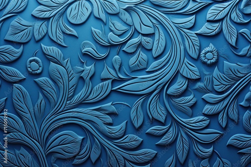  a close up of a blue wall with a pattern of leaves and flowers in the middle of the wall and the bottom half of the wall. - obrazy, fototapety, plakaty 