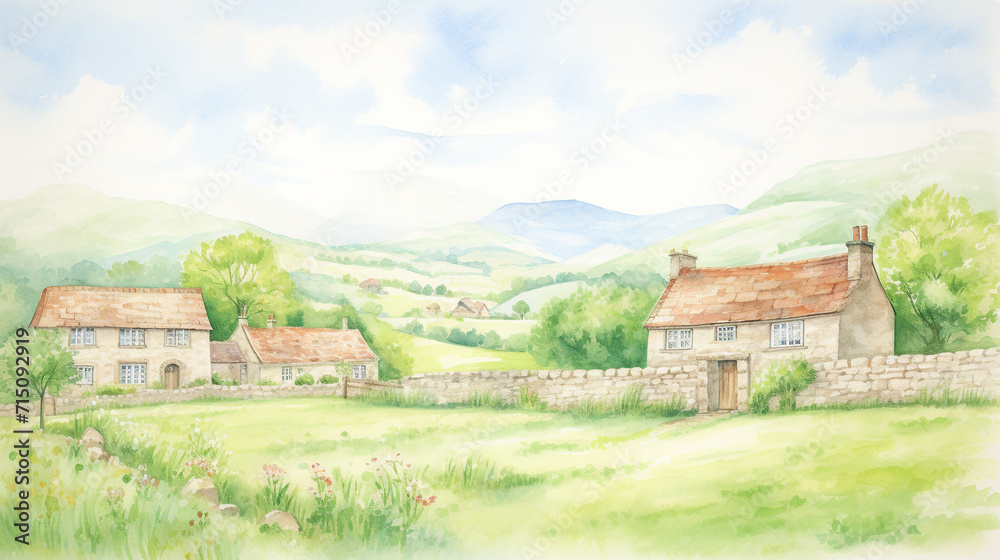 English countryside with quaint stone houses and rolling hills cartoon drawing, Water color style, AI Generated