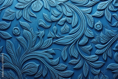  a close up of a blue wall with a pattern of leaves and flowers in the middle of the wall and the bottom half of the wall.