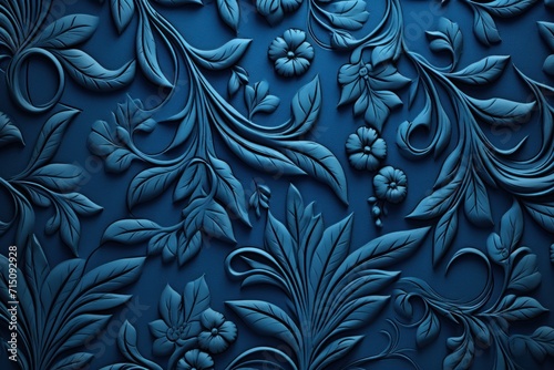  a close up view of a blue wallpaper with leaves and flowers on a dark blue background with a black background.