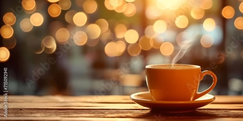Banner with hot coffee cup in cafe with light bokeh in wooden table, with copy space 