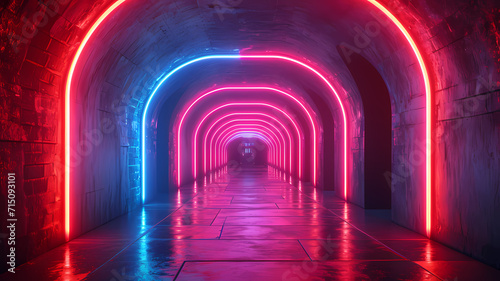 Abstract background of a neon-lit tunnel with laser light technology in a pitch-black room