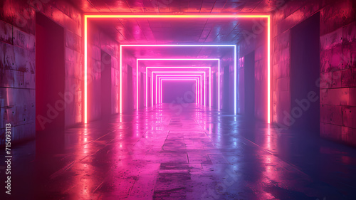 Abstract neon tunnel background with radiant lines and LED glow in a shadowy room