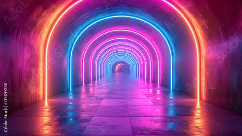 Abstract neon tunnel background with radiant lines and LED glow in a shadowy room