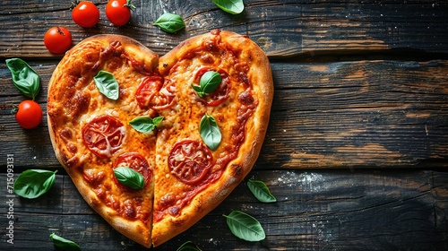 Heart shaped pizza on vintage wooden background. The concept of romantic love for Valentine's Day