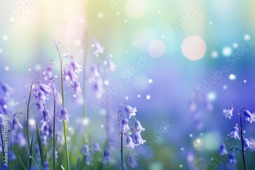  a close up of a bunch of purple flowers with a blurry background of blue and white flowers in the foreground.