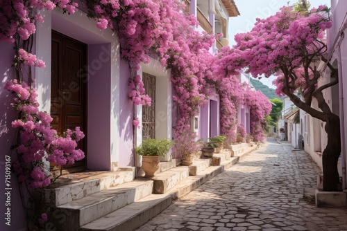  a cobblestone street lined with potted plants next to a building with pink flowers growing on the side of it.
