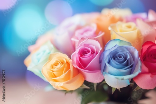  a bouquet of multicolored roses sitting in a vase on a table with blurry lights in the background.
