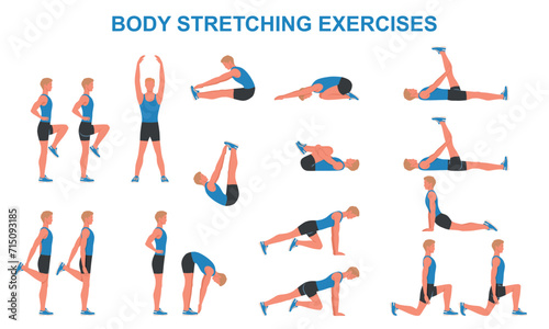 Body stretching exercise set. Cool down after workout. Banner with physical activity for muscle and ligament flexibility. Training and sport. Cartoon flat vector collection isolated on background