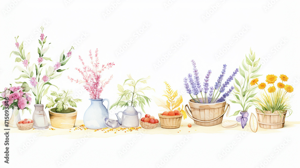 Countryside and bouquets and spices, Cartoon drawing, Water color style, AI Generated