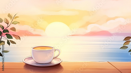 Coffee and sunset, Cartoon drawing, Water color style, AI Generated
