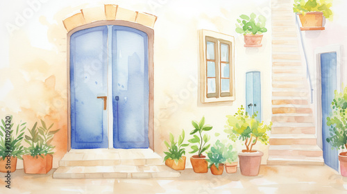 Colorful doorways and windows in Mediterranean village cartoon drawing, AI Generated © Watercolorbackground
