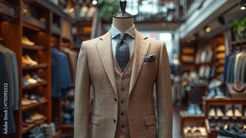 Elegant Business Attire: Beige Suit on Mannequin, Boutique Display in Mall , generative ai.