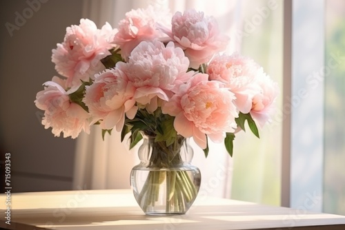  a vase filled with pink flowers sitting on top of a table next to a glass vase with water in it.