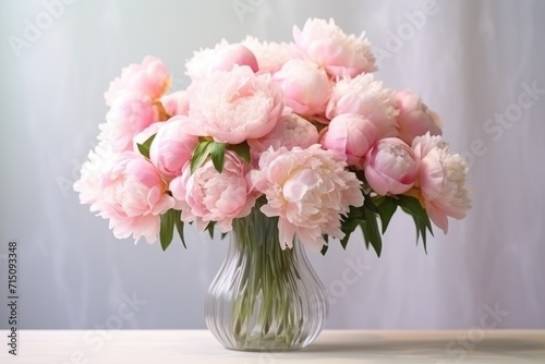  a vase filled with pink and white flowers on top of a wooden table with a gray wall in the background.