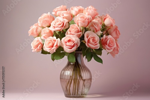  a vase filled with pink roses on top of a pink tablecloth and a light pink wall in the background. © Nadia