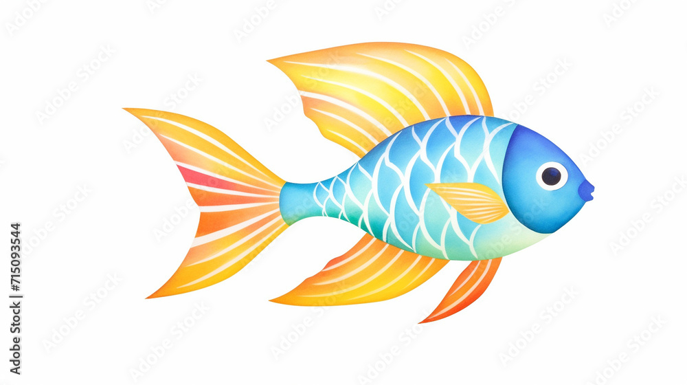Fish and animals, Cartoon drawing, Water color style, AI Generated