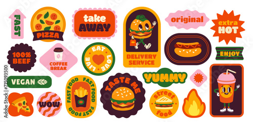 Set of retro fast food stickers. Vintage groovy badges with burgers, fries, pizza and coffee to go. Design elements for cafe and restaurant. Cartoon flat vector collection isolated on white background