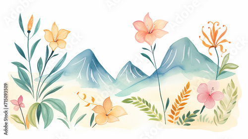 Exotic flowers and mountains, Cartoon drawing, Water color style, AI Generated