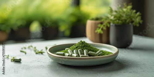 Organic Moringa Powder and Capsules on Ceramic Plate on grey table. Natural moringa green leaf powder and herbal supplements in a serene setting. photo