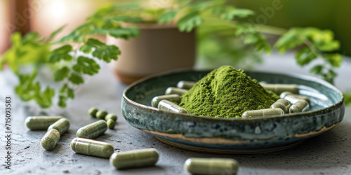 Organic Moringa Powder and pills Capsules on Ceramic Plate. Natural moringa green leaf powder and herbal supplements in a serene setting.