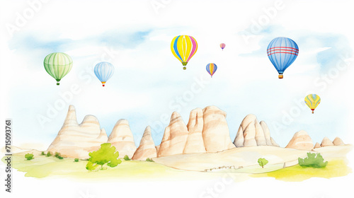 Hot air balloons floating over the fairy chimneys in Cappadocia  Turkey cartoon drawing  AI Generated