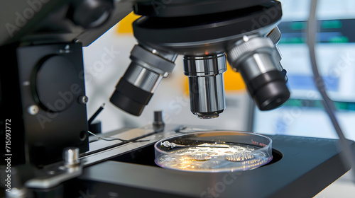 Modern IVF micromanipulator with Petri Dish in the laboratory of the in vitro fertilization. Closeup photo with selective focus, egg freezing photo