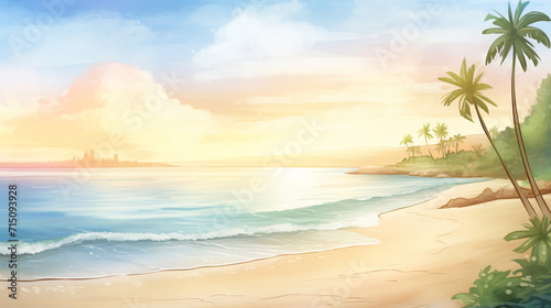Morning sunrise at bustling tropical beach cartoon drawing, AI Generated © Watercolorbackground