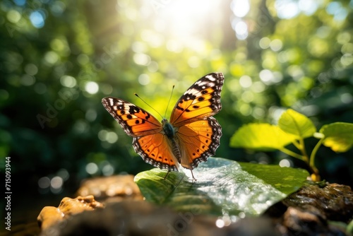  a close up of a butterfly on a leaf in the middle of a forest with sunlight shining through the leaves.