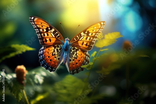  a close up of a butterfly on a plant with sunlight coming through the leaves and behind it is a blurry background.