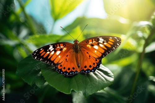  a close up of a butterfly on a leaf with the sun shining through the leaves and the sky in the background.