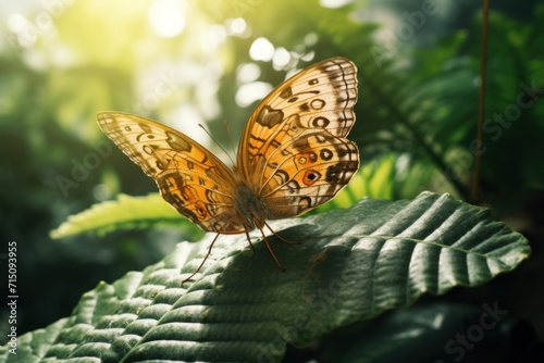  a close up of a butterfly on a leaf with sunlight coming through the leaves and leaves in the foreground.