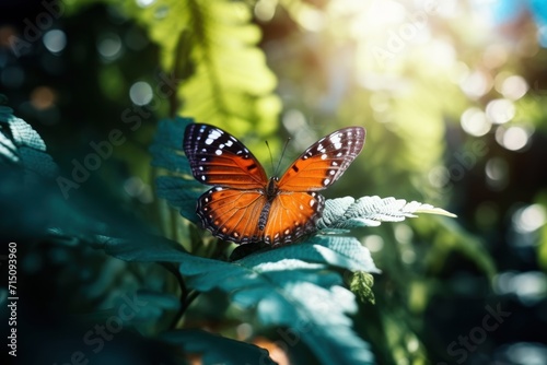  a close up of a butterfly on a leaf with sunlight coming through the leaves and the background is blurry.