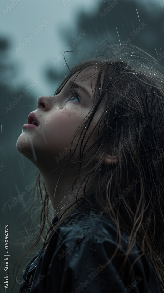 A pretty little girl looking at the rainy sky with a melancholy expression on her face, hope and faith ai, ai generative, illustration .