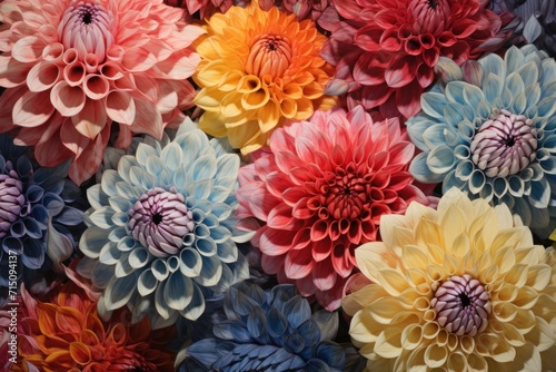  a close up of a bunch of flowers that are painted in different shades of red  yellow  and blue.
