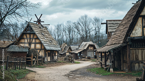 Traditional village with historic wooden houses. Cultural heritage and architecture concept for design and print. Rustic countryside scene with copy space
