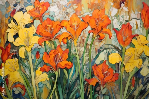  a painting of orange and yellow flowers painted on a canvas with acrylic paint on the back of it.
