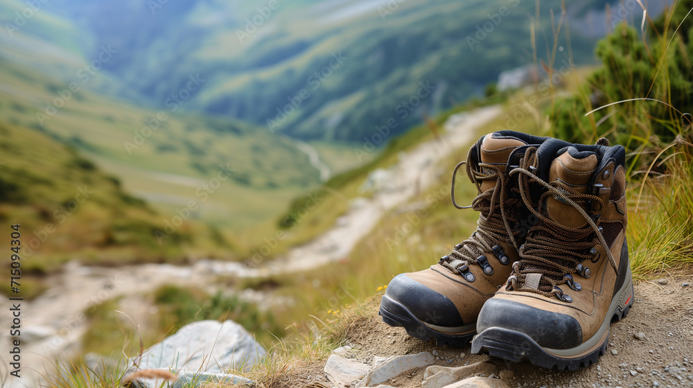 Sturdy hiking boots set against a backdrop of a winding mountain trail Sturdy hiking boots set against a backdrop of a winding mountain trail