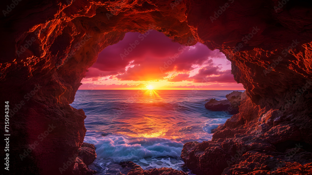 Majestic cave sunset: fiery skies and tranquil seas