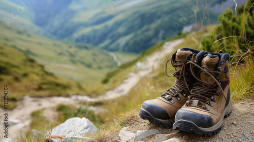 Sturdy hiking boots set against a backdrop of a winding mountain trail