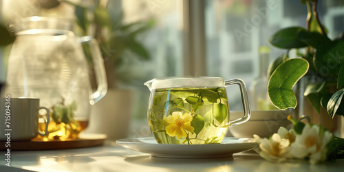Moringa yellow Flower Tea in Serene Morning Light. A cup of soothing moringa flower tea surrounded by delicate blossoms in soft sunlight.