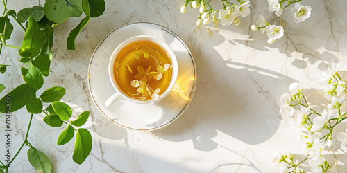 Top view Moringa Flower Tea in Serene Morning Light. A cup of soothing moringa flower tea.